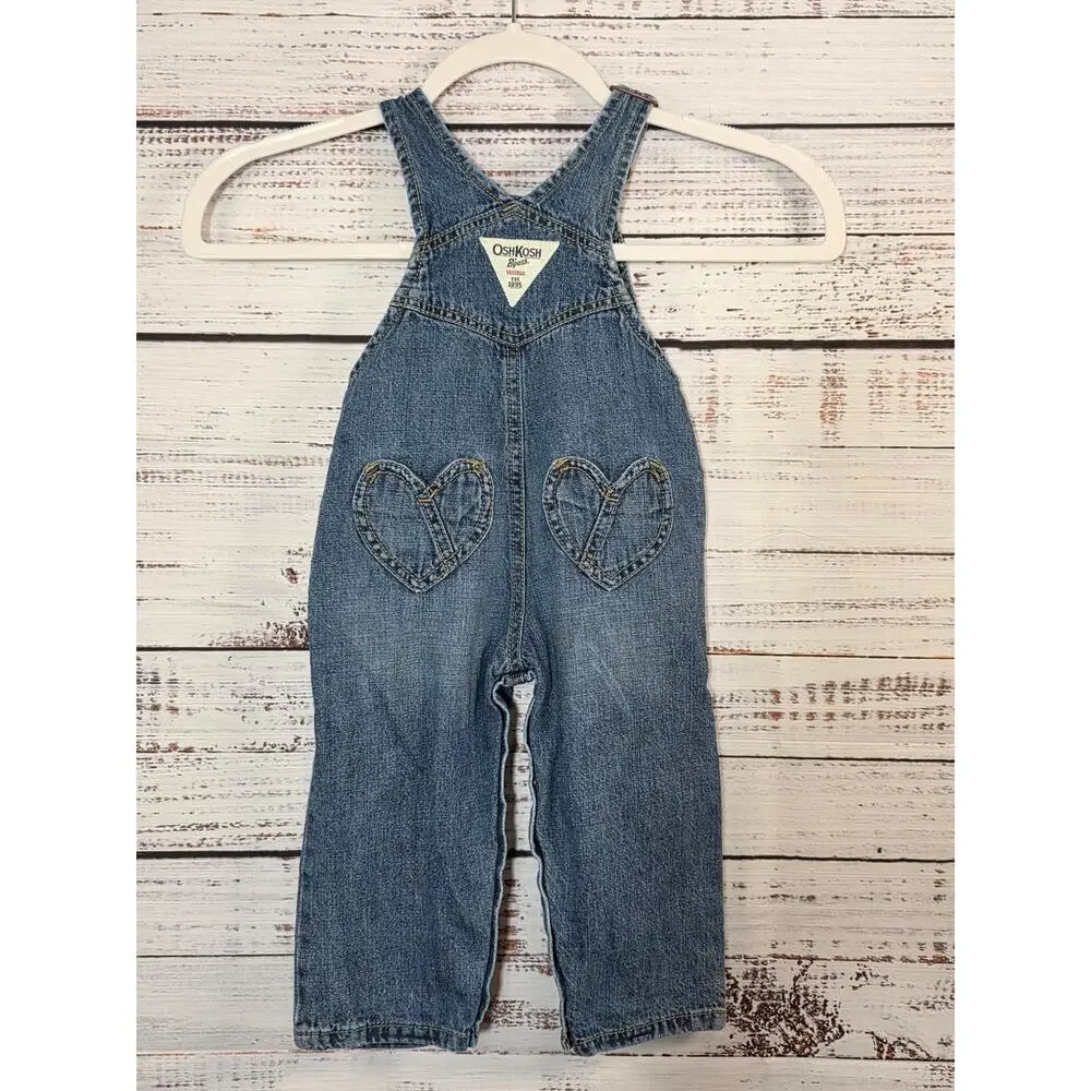 Oshkosh Baby Girl size 18 months Rainbow Heart Denim Jean Bib overalls vestbak